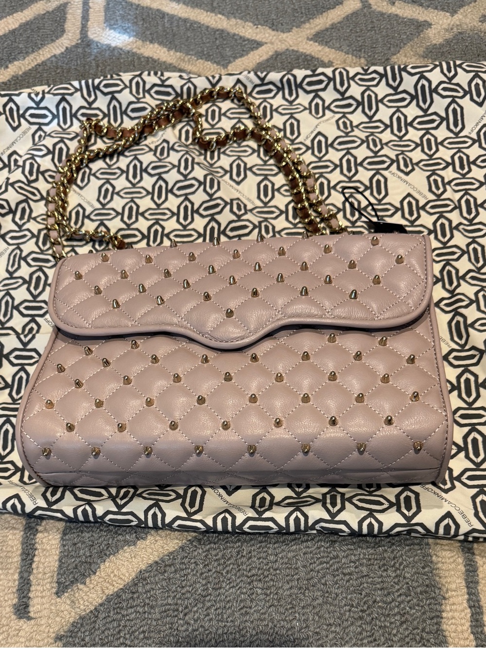 Brand New Rebecca Minkoff Quilted Studded Chain Shoulder Bag in Light Mauve